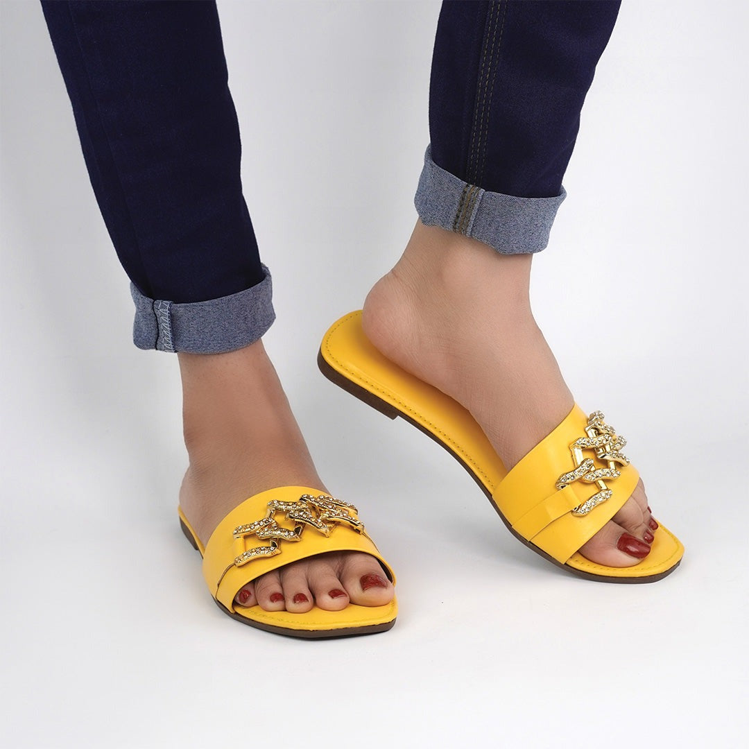 Yellow slipper with golden stone  design
